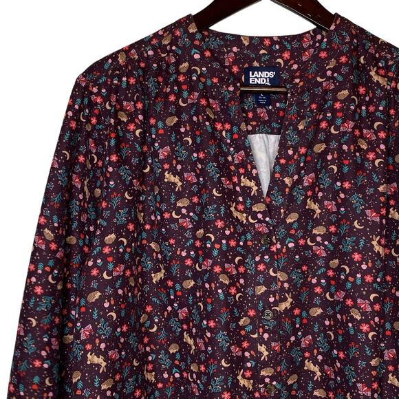 Lands' End Woodland Creature Balloon Sleeve Button Up Top Maroon size Large - Picture 2 of 5